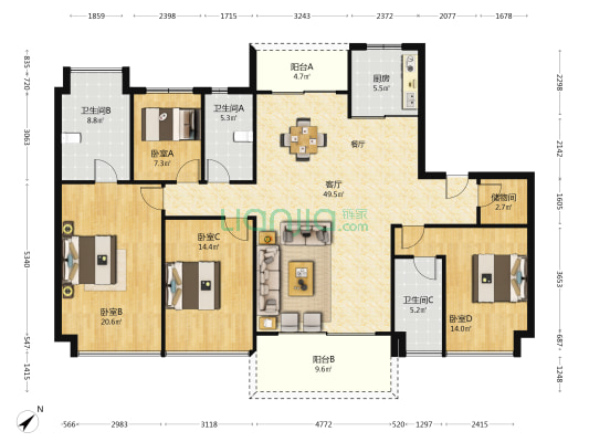 颐德湾尚 4室1厅3卫 190平方
