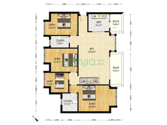 广源纳帕溪谷 4室1厅2卫 130平方
