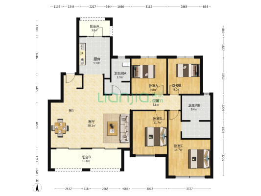 康桥香溪郡6号院 4室1厅2卫 154平方