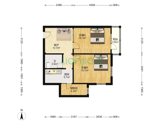 中国北方航空城 2室1厅1卫 58平方