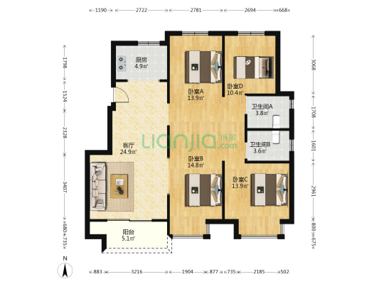 城东宝龙广场 4室1厅2卫 117平方
