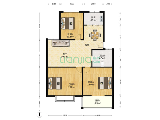 东方花园 3室1厅1卫 115平方