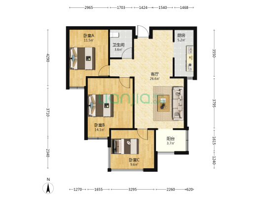 金色漫城 3室1厅1卫 105平方
