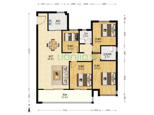 德信新中宇·文辰府 4室1厅2卫 125平方