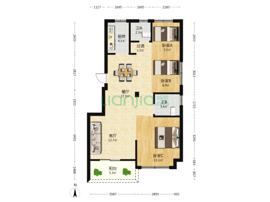 鸿翔紫藤里 3室2厅2卫 89平方