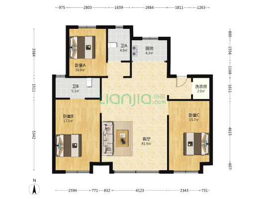 中铁逸都D区 3室1厅2卫 127平方
