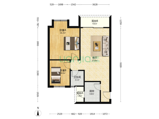 翠竹小区A 2室1厅1卫 77平方