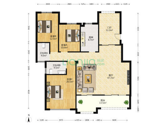 清华大溪地1号院 3室1厅2卫 145平方