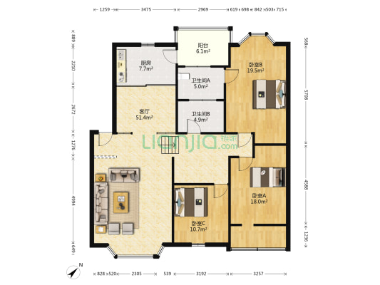 南泉路511号 3室1厅2卫 140平方