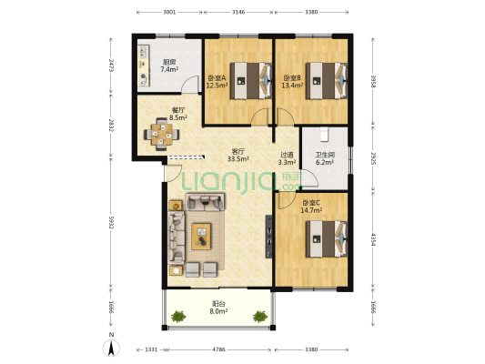 朝阳新居 3室2厅1卫 127平方