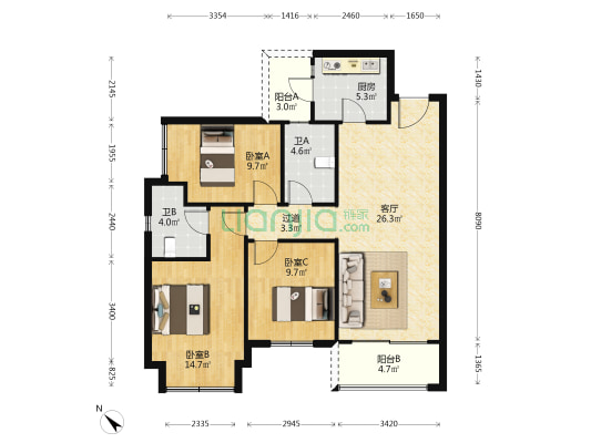 花屿岛澜庭 3室1厅2卫 108平方