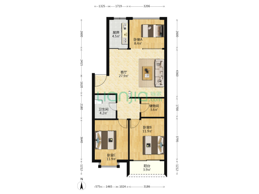 中国礼品城公寓 3室1厅1卫 91平方