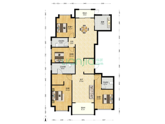 运达滨河广场 4室1厅3卫 199平方