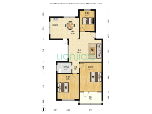 建工公寓 3室2厅1卫 116平方
