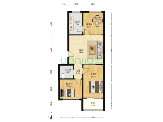 龙口宋家疃小区 3室1厅1卫 85平方