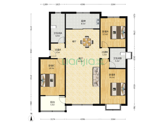 十甲花园东区 3室1厅2卫 143平方