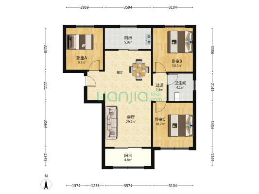 磨店家园同福苑 3室1厅1卫 112平方