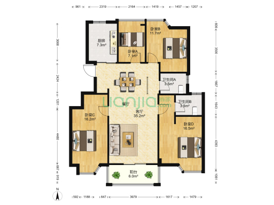 天久云门 4室1厅2卫 125平方