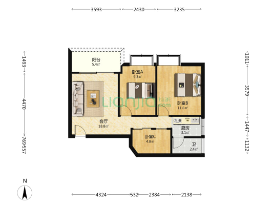 凌湖轩 3室1厅1卫 69平方