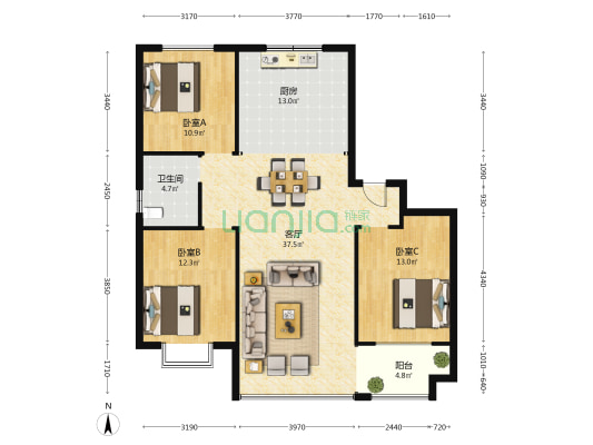 卓信半岛蓝湾二期 3室1厅1卫 122平方