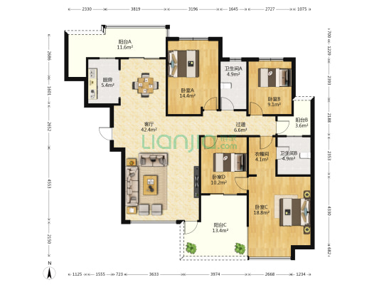 中平广场 4室1厅2卫 172平方
