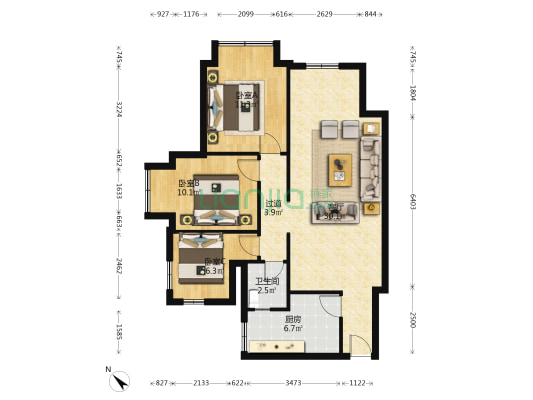 琨洲华府 3室1厅1卫 87平方