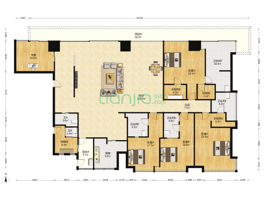 恒禾七尚 5室1厅6卫 395平方