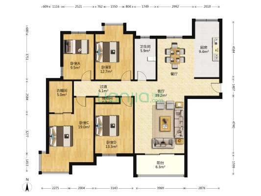 仁恒运杰河滨花园(一期) 4室1厅1卫 158平方