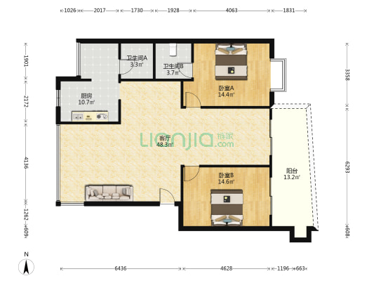 都市花园东路4号 2室1厅2卫 105平方