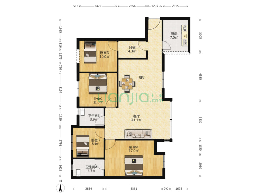 中海名城 4室1厅2卫 112平方