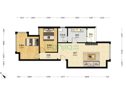 温馨家园 2室1厅1卫 80平方
