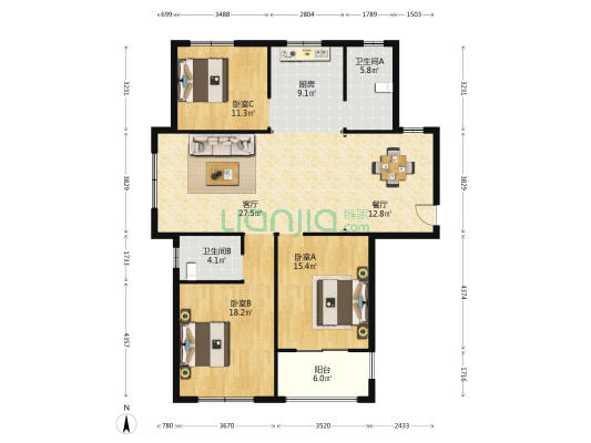 司马嘉苑 3室2厅2卫 153平方