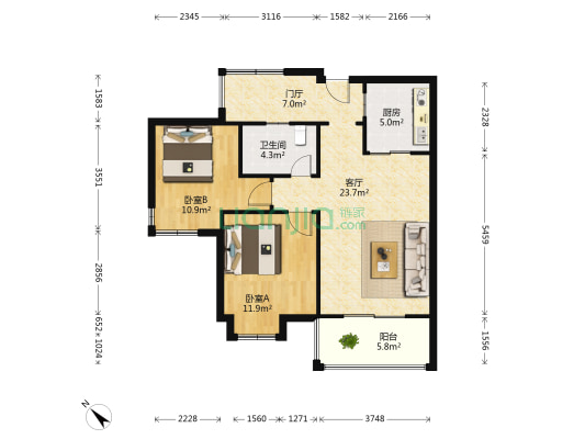 紫光兴城(彭州) 2室1厅1卫 78平方