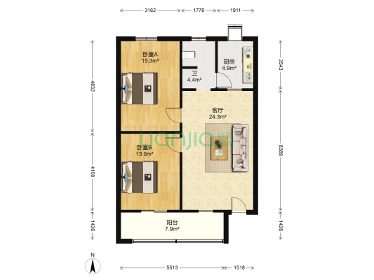 制药厂宿舍 2室1厅1卫 77平方