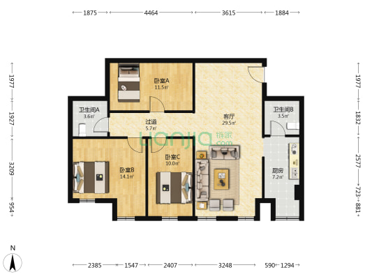 溢利家园 3室1厅2卫 131平方