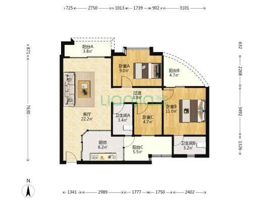 华逸豪庭 3室1厅2卫 83平方