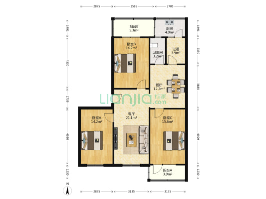 市物资局宿舍（长征西路10号） 3室2厅1卫 107平方