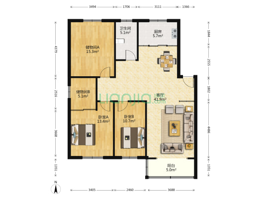丰园小区 2室1厅1卫 123平方