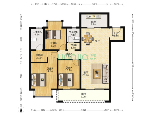 海尔产城创翡翠文华 3室1厅2卫 126平方