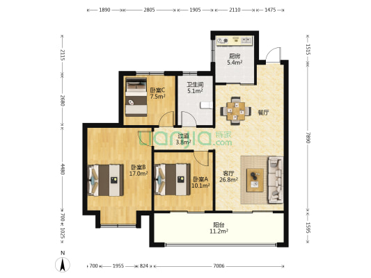 吾悦华府公馆 3室1厅1卫 115平方