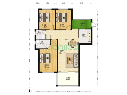 闽江世纪城A区 3室1厅2卫 110平方