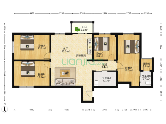 黄河家园 4室1厅2卫 151平方