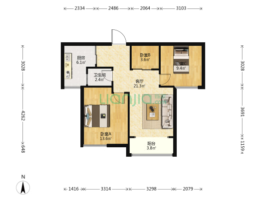 寿城水岸一期，紧凑三室，家具家电齐全-户型图