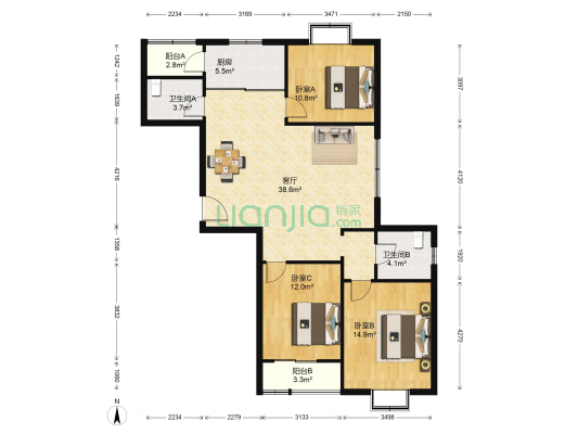 高尔夫花园 3室1厅2卫 129平方