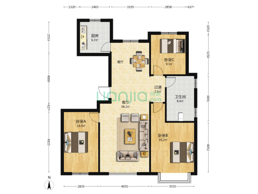 百丰天宸 3室1厅1卫 137平方