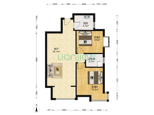 龙记帝景湾 2室1厅1卫 88平方