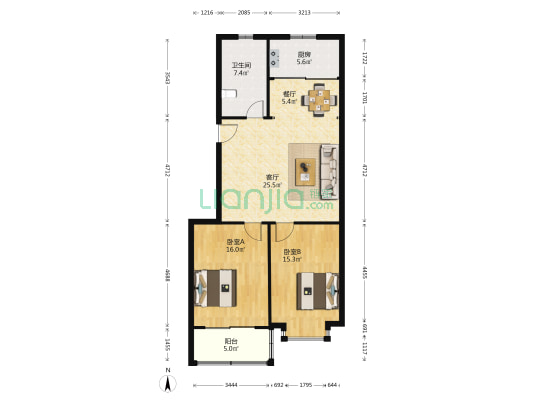 民生阳光新城 2室2厅1卫 98平方