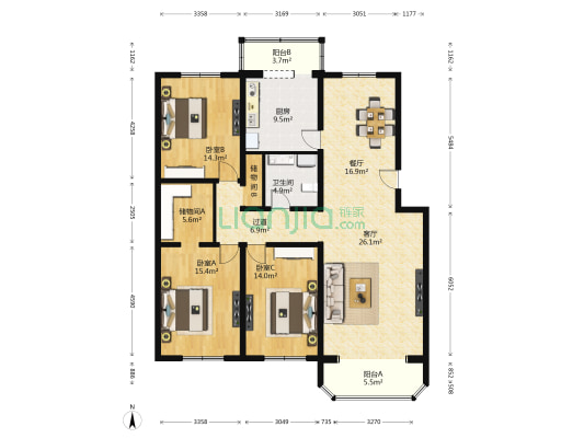 茶坞铁路 3室2厅1卫 155平方