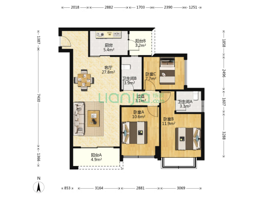 奥贝学府一号 3室1厅2卫 98平方