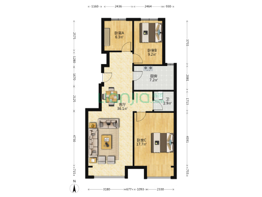 万科铂萃时代 3室1厅1卫 103平方